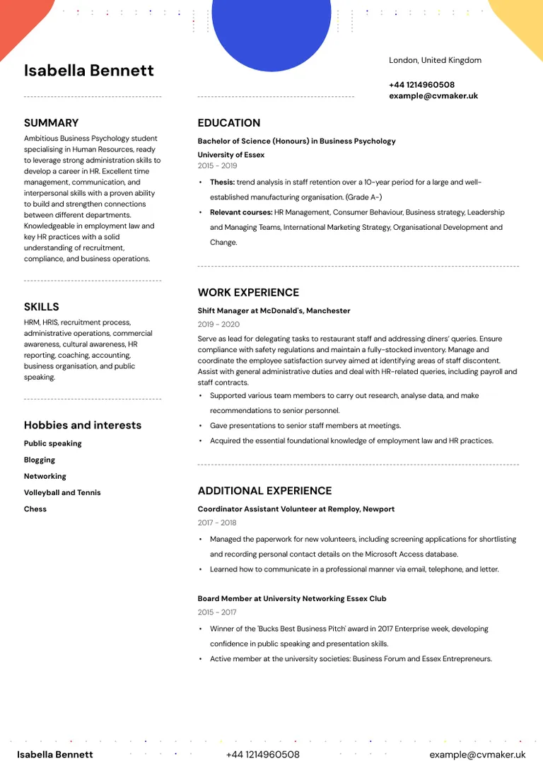 CV example with hobbies and interests
