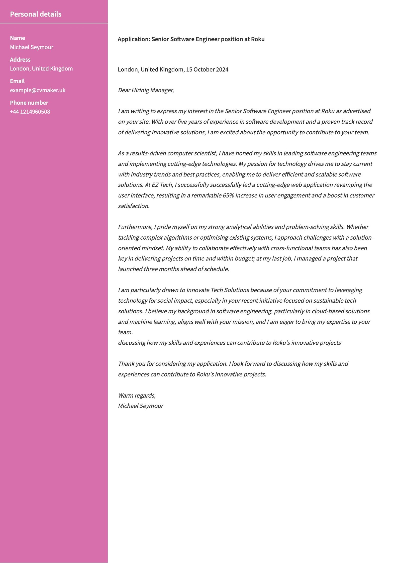 Computer Science Cover Letter