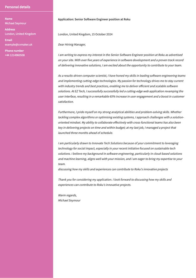 Computer Science cover letter sample