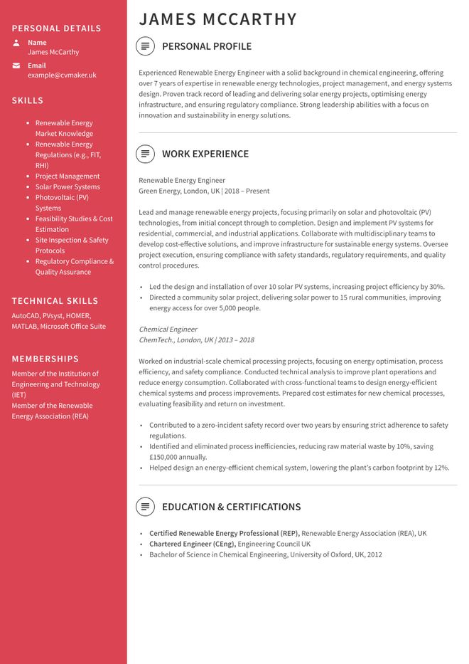 Renewable energy engineer CV sample