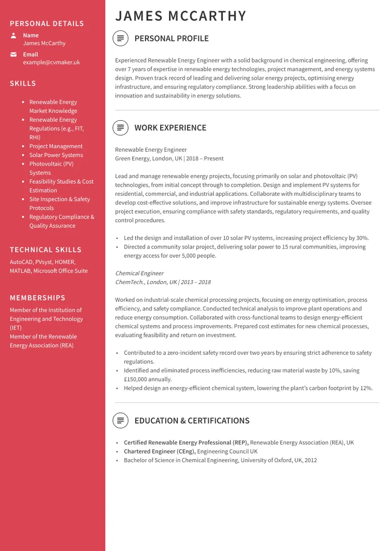 Renewable energy engineer CV  sample