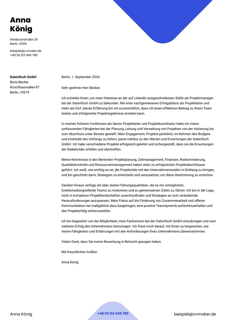 Beispiel Anschreiben Bewerbung Projektmanager