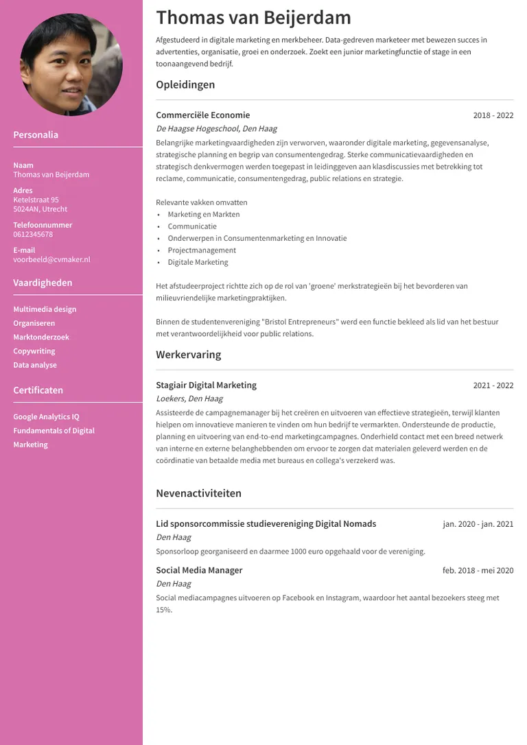 Voorbeeld-cv van nevenactiviteiten op de cv afgestudeerd