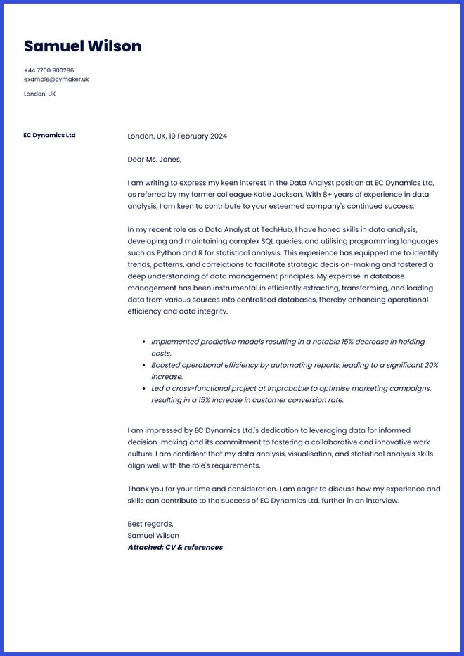 Data Analyst cover letter sample