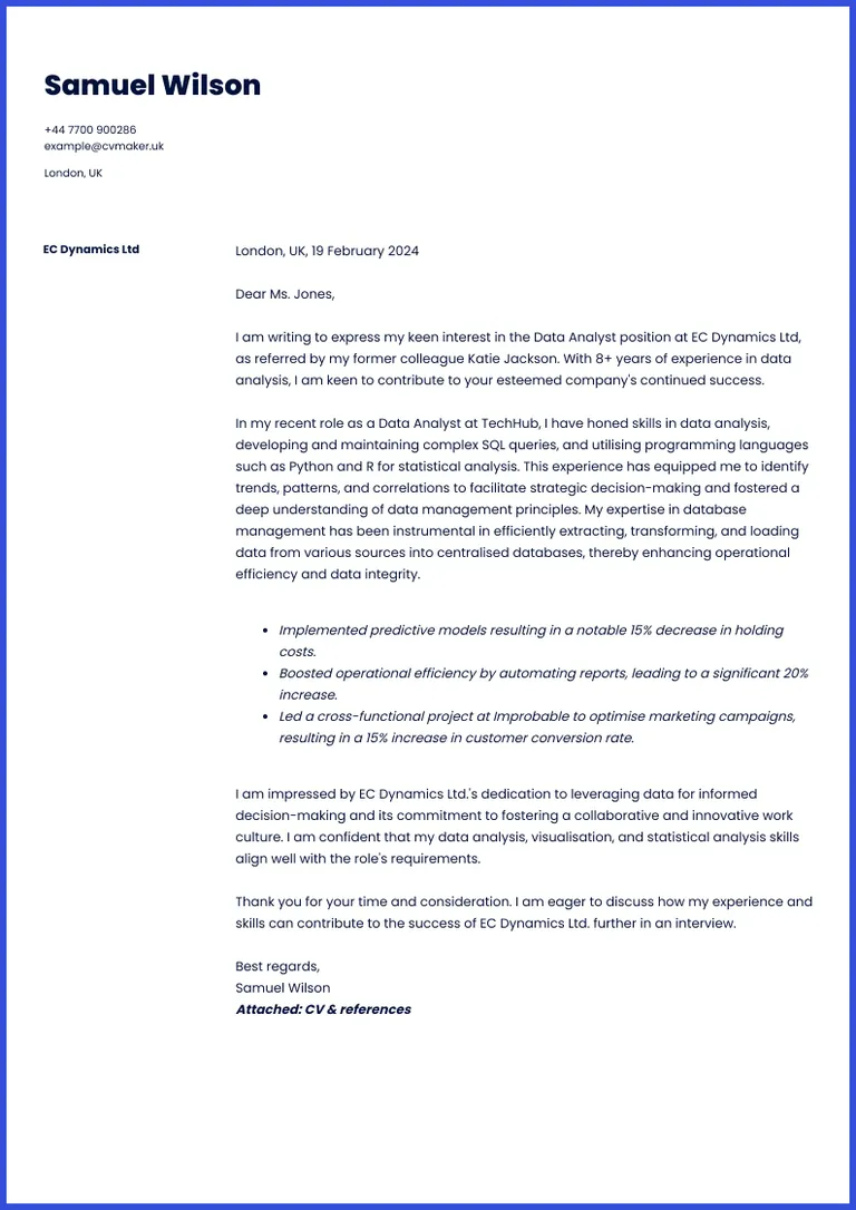 Data Scientist cover letter sample