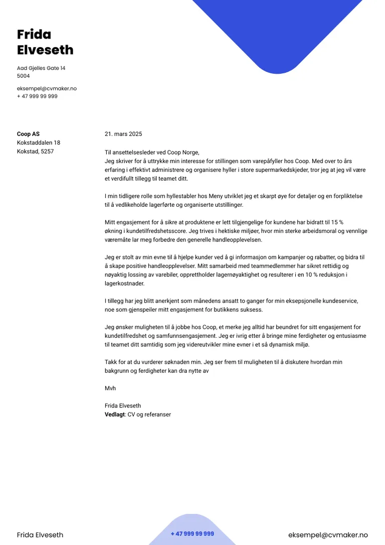 Eksempel på supermarked jobbsøknad