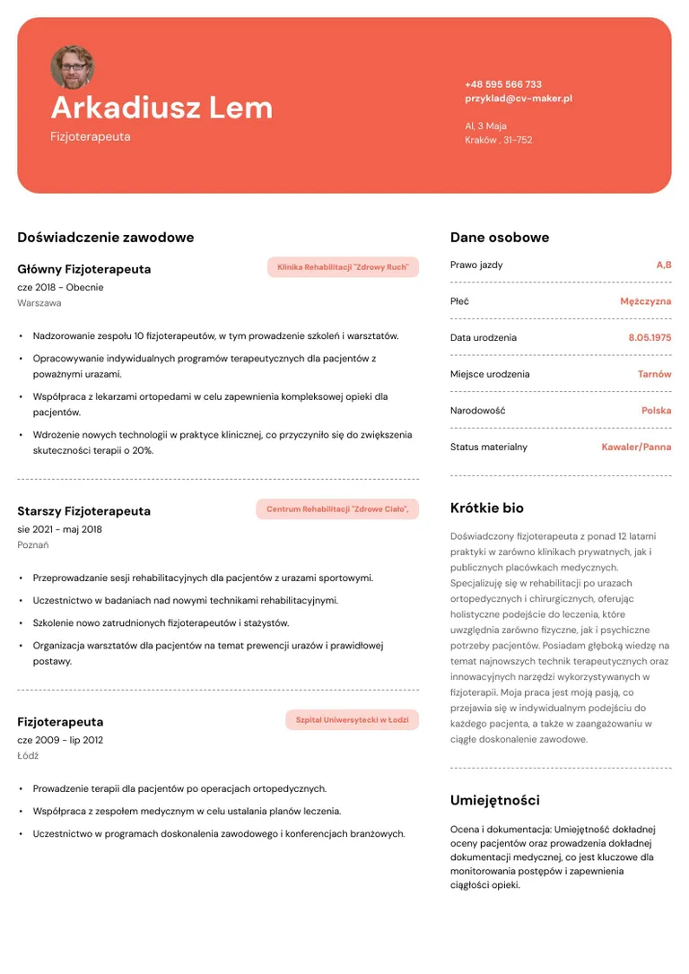 Przykład CV fizjoterapeuty