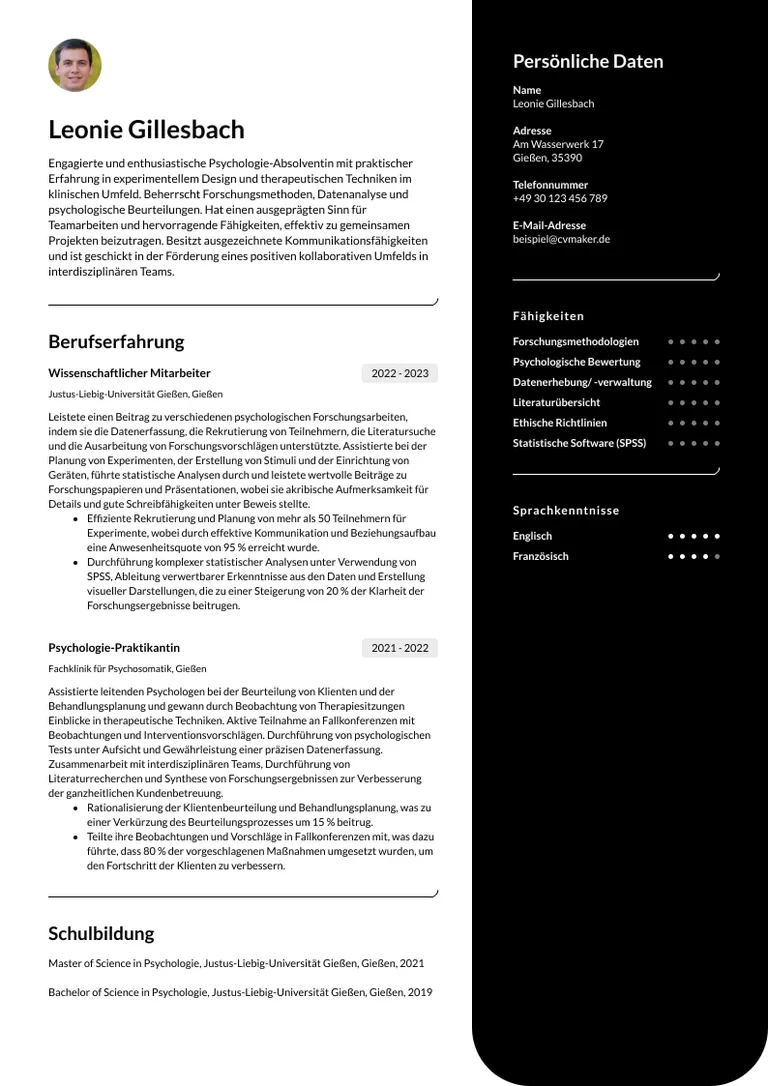 Lebenslauf Beispiel Psycholog