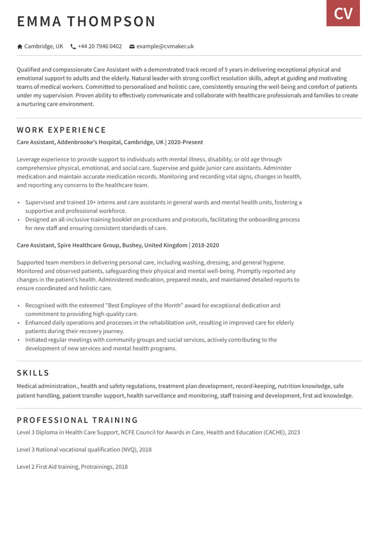 Care assistant CV example