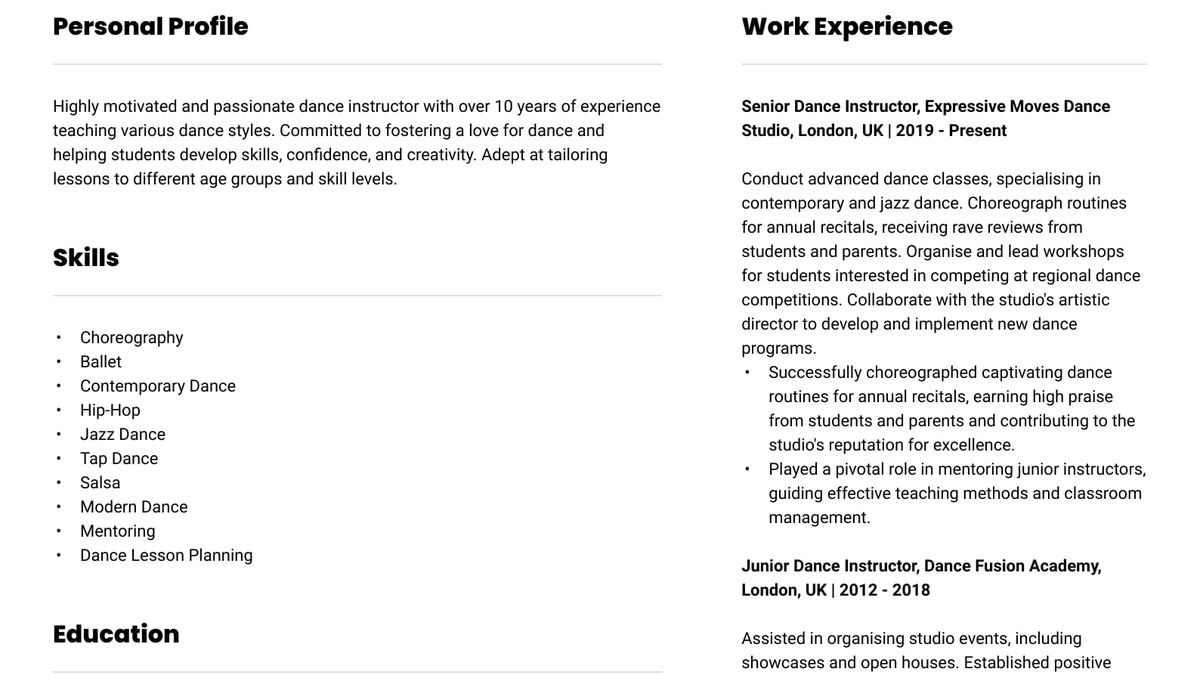 Dancer CV Example & step-by-step writing guide
