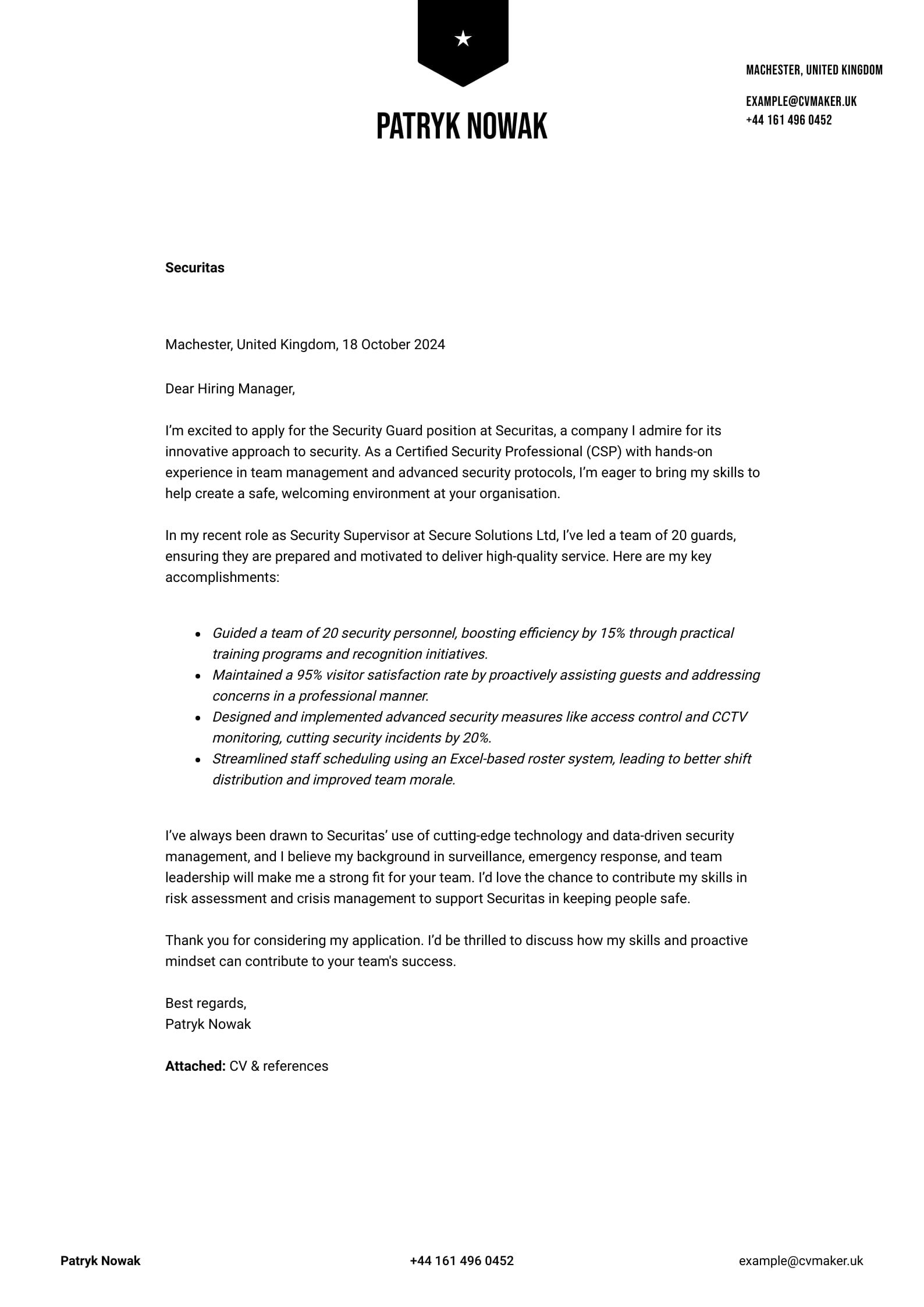 Security Guard Cover Letter