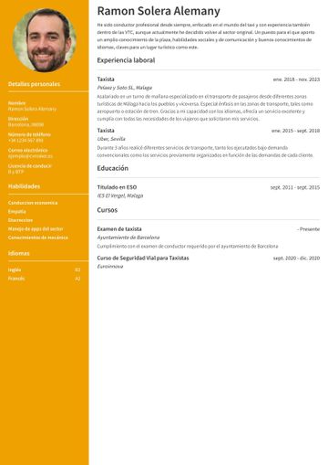Ejemplo de CV Currículum de Taxista