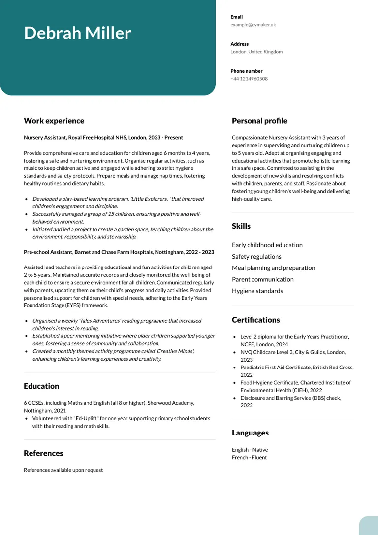 Nursery assistant CV sample