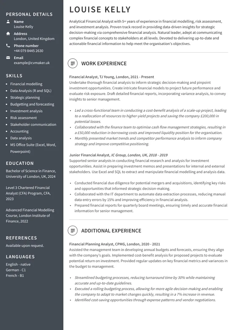 Financial analyst CV sample