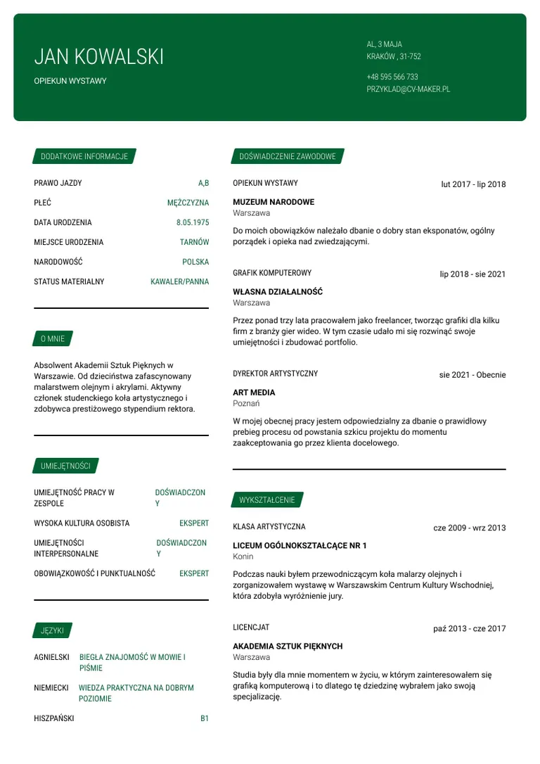 Artystyczne CV przykłady
