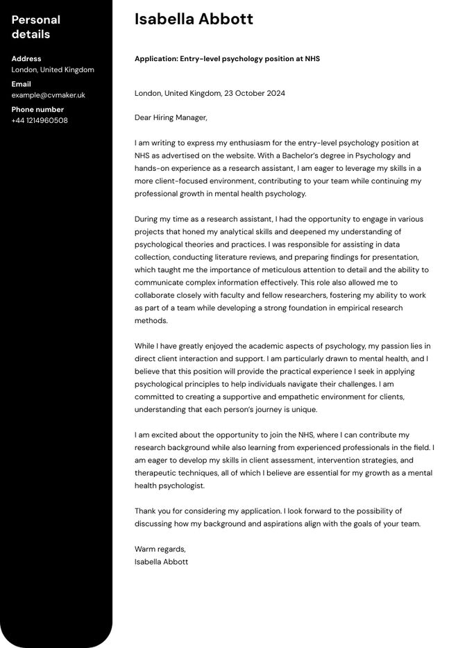 example cover letter psychology