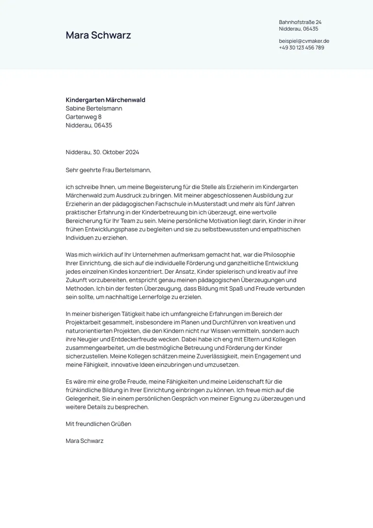 Beispiel Anschreiben Bewerbung Erzieherin