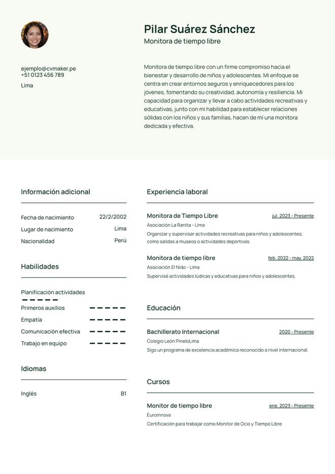 CV para estudiante de bachillerato