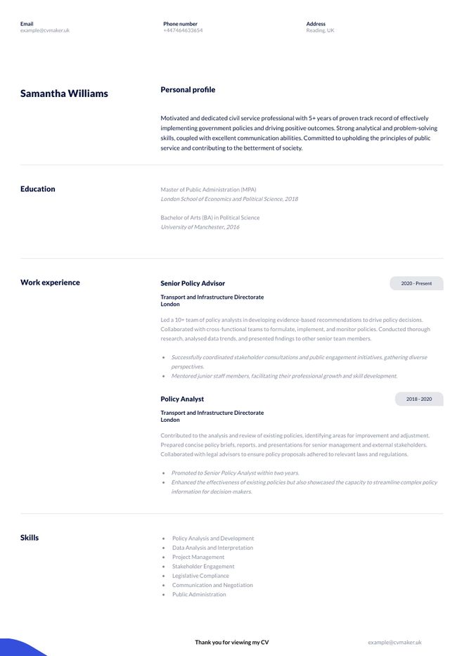 Civil Service CV sample