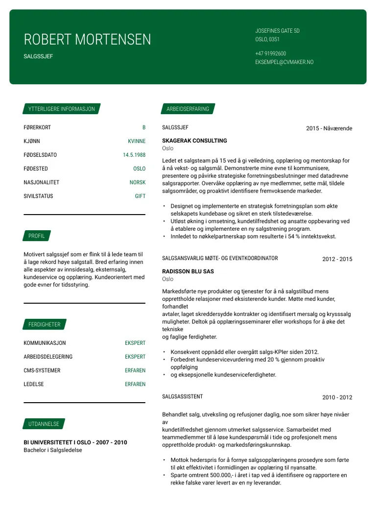 Eksempel på CV - CV rolle innen salg - Cornell-mal