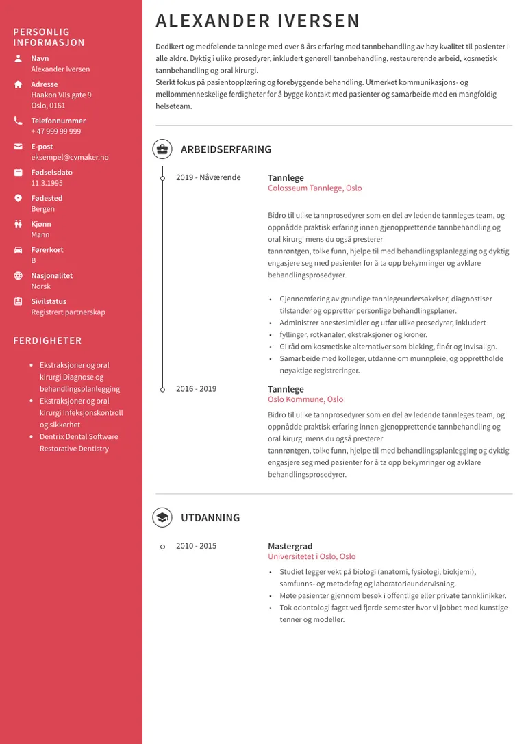 Tannlege CV eksempel