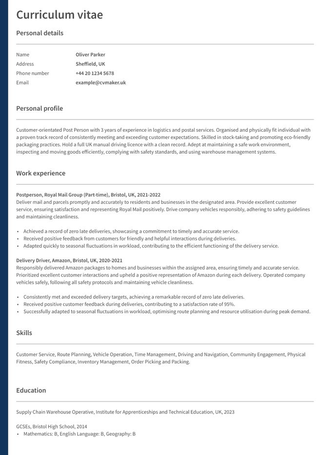 Postperson CV sample