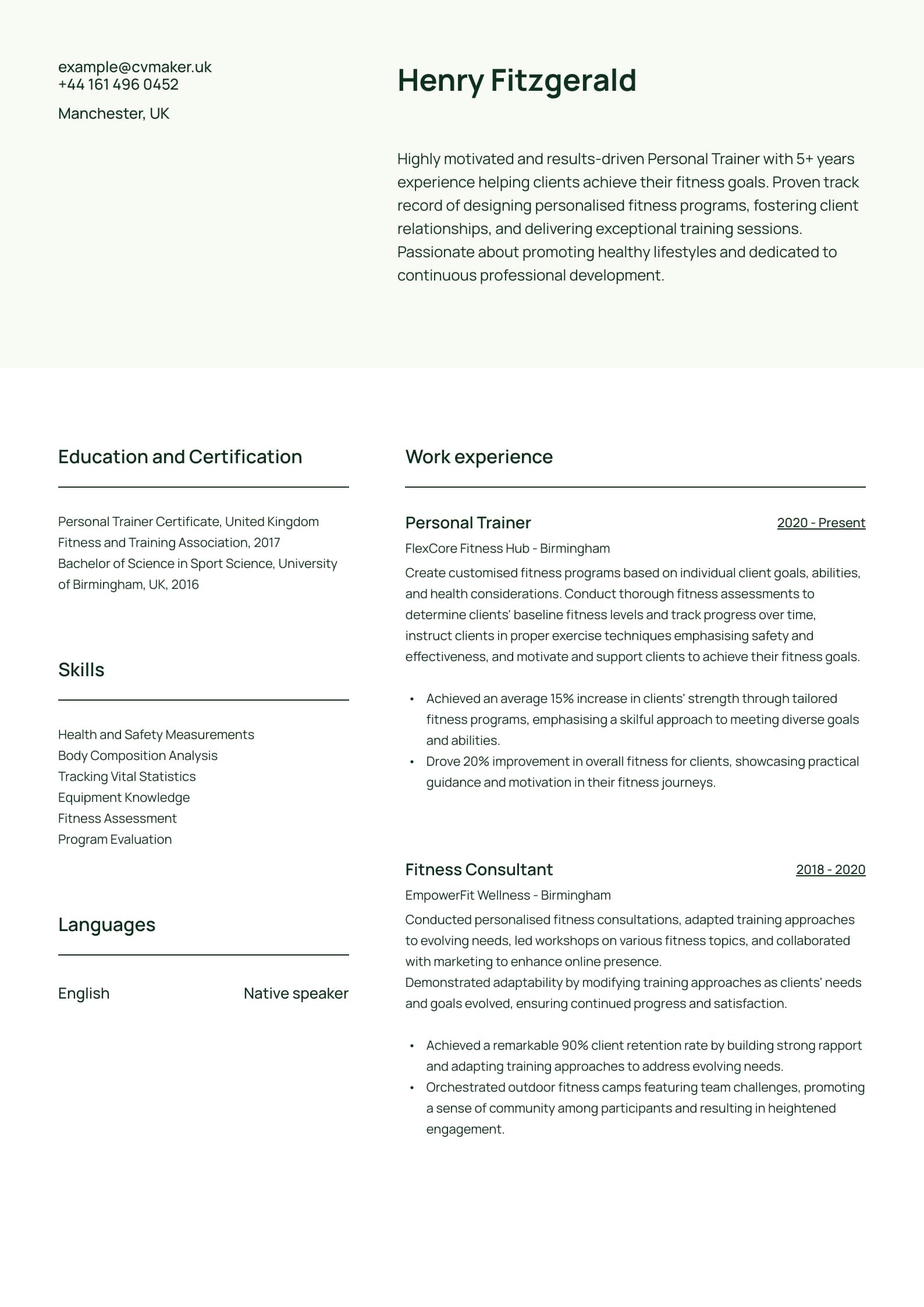 Personal trainer CV