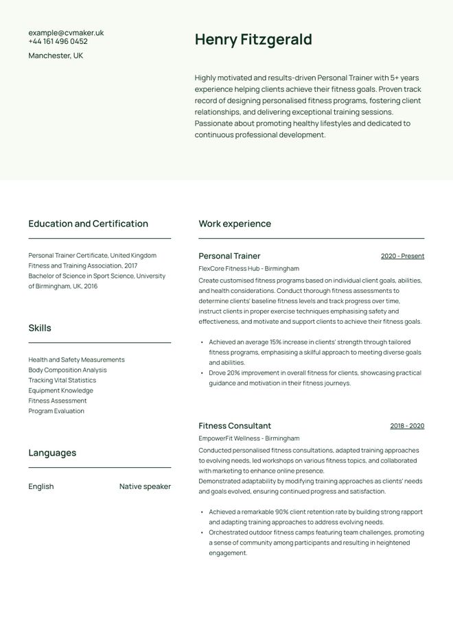 Personal trainer CV sample