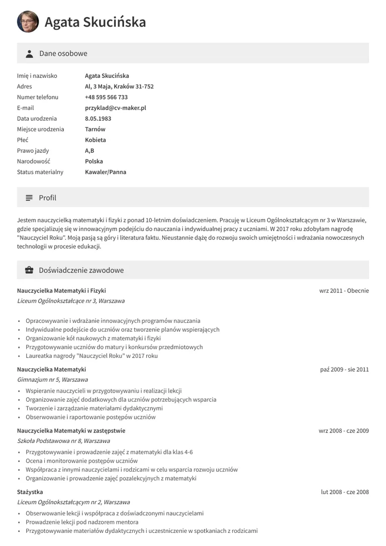 CV nauczyciel wzór