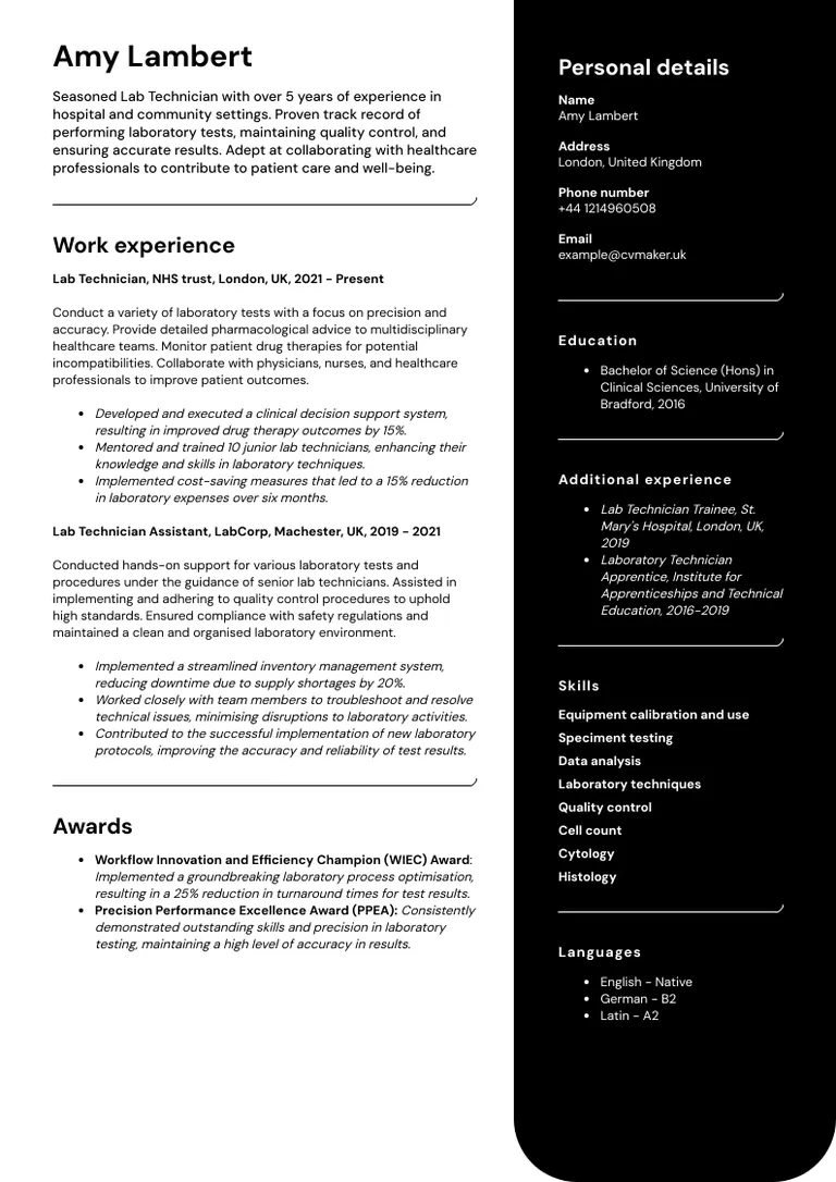 Lab Technician CV Sample