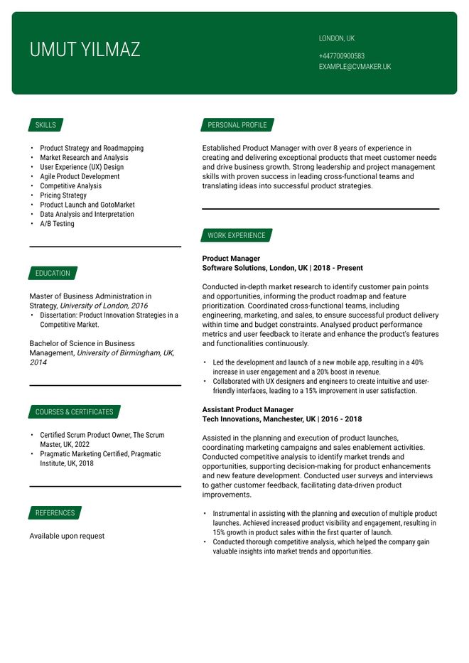 Product Manager CV sample