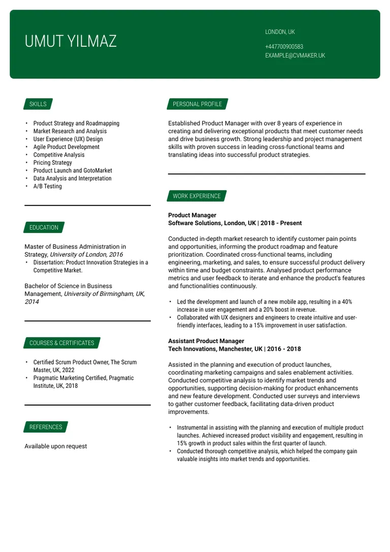 Product Manager CV sample