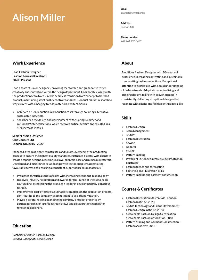 Fashion designer CV sample