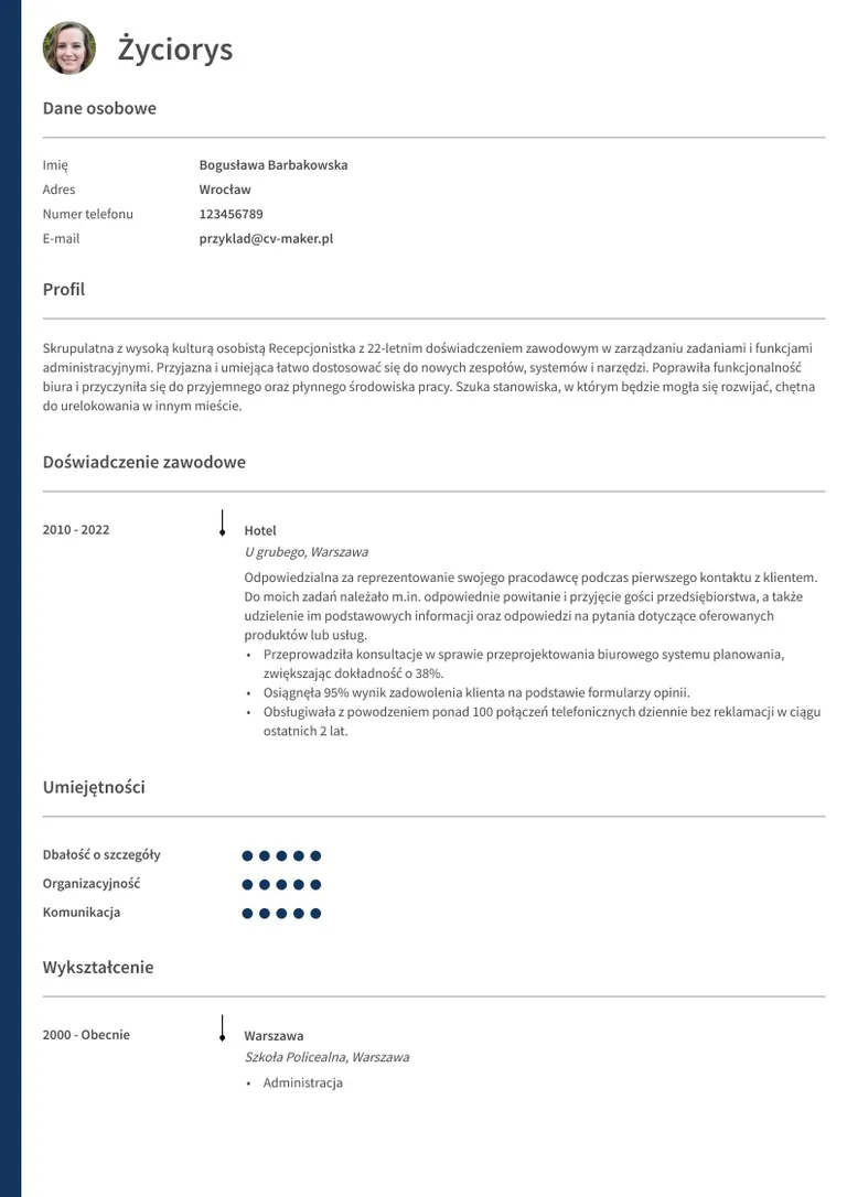 Wzór CV recepcjonistki