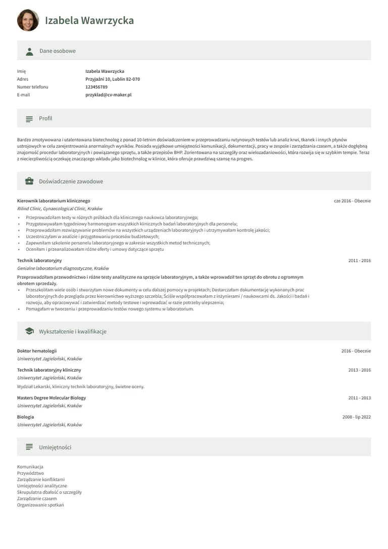 Wzór CV dla Biotechnologa