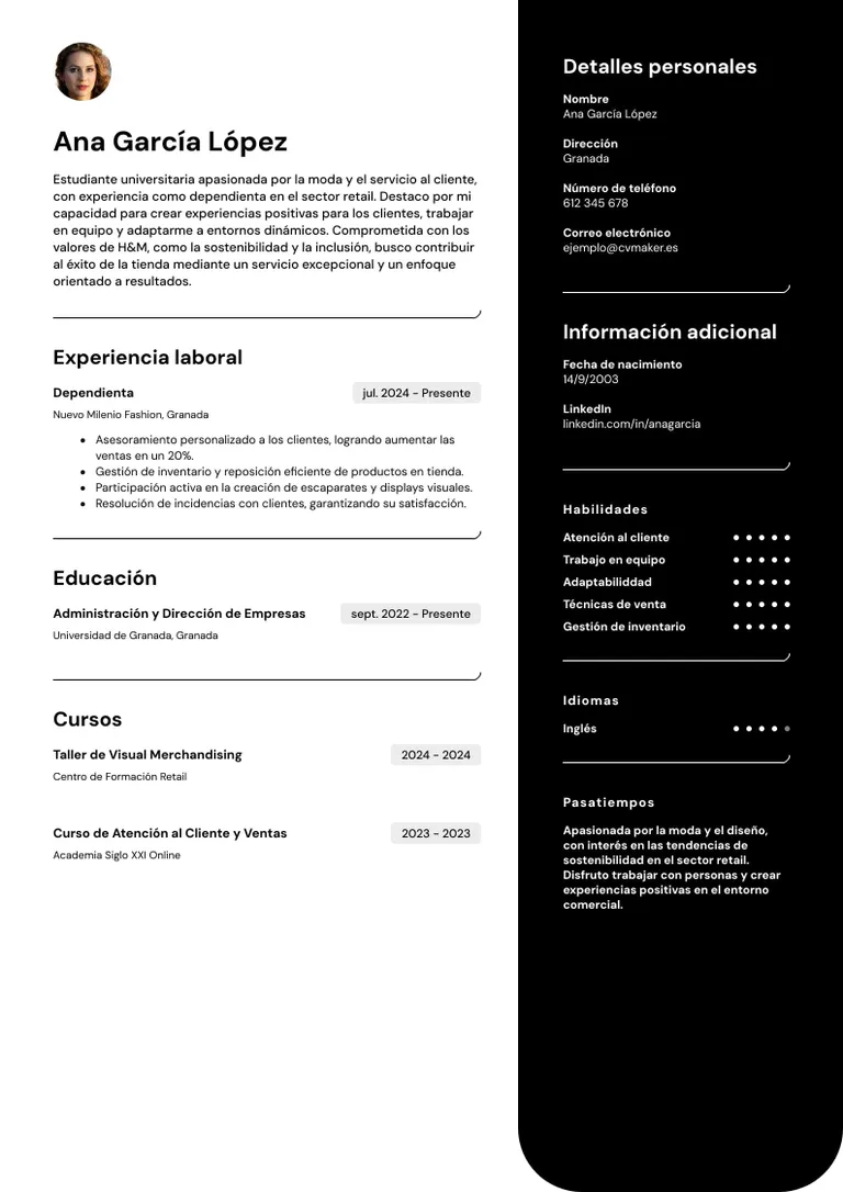 ejemplo de CV para H&M