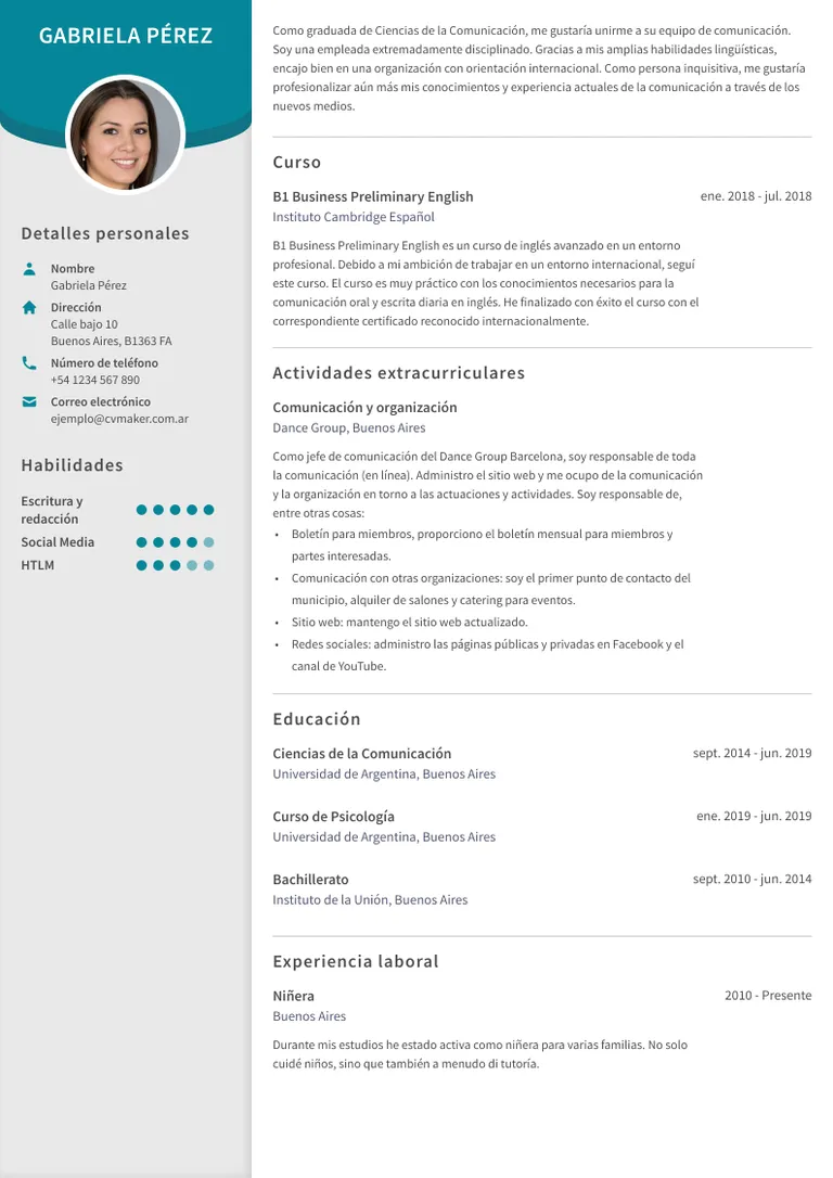 cv ejemplo estudiante sin experiencia
