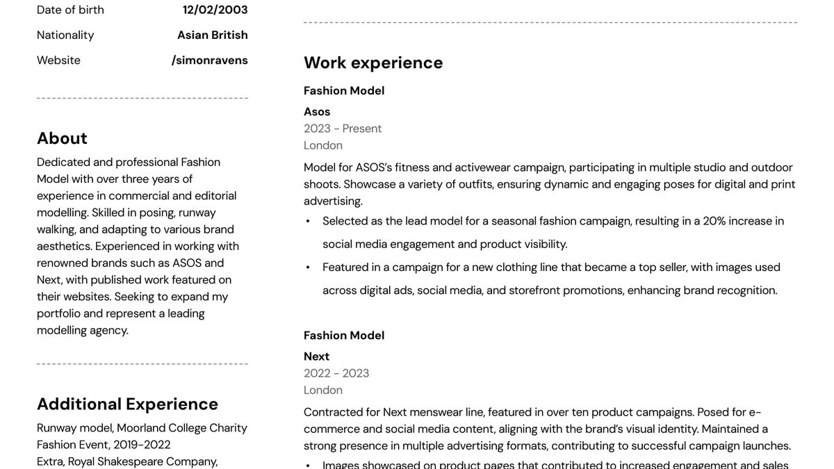 Model CV Example | Get hired faster in 2026
