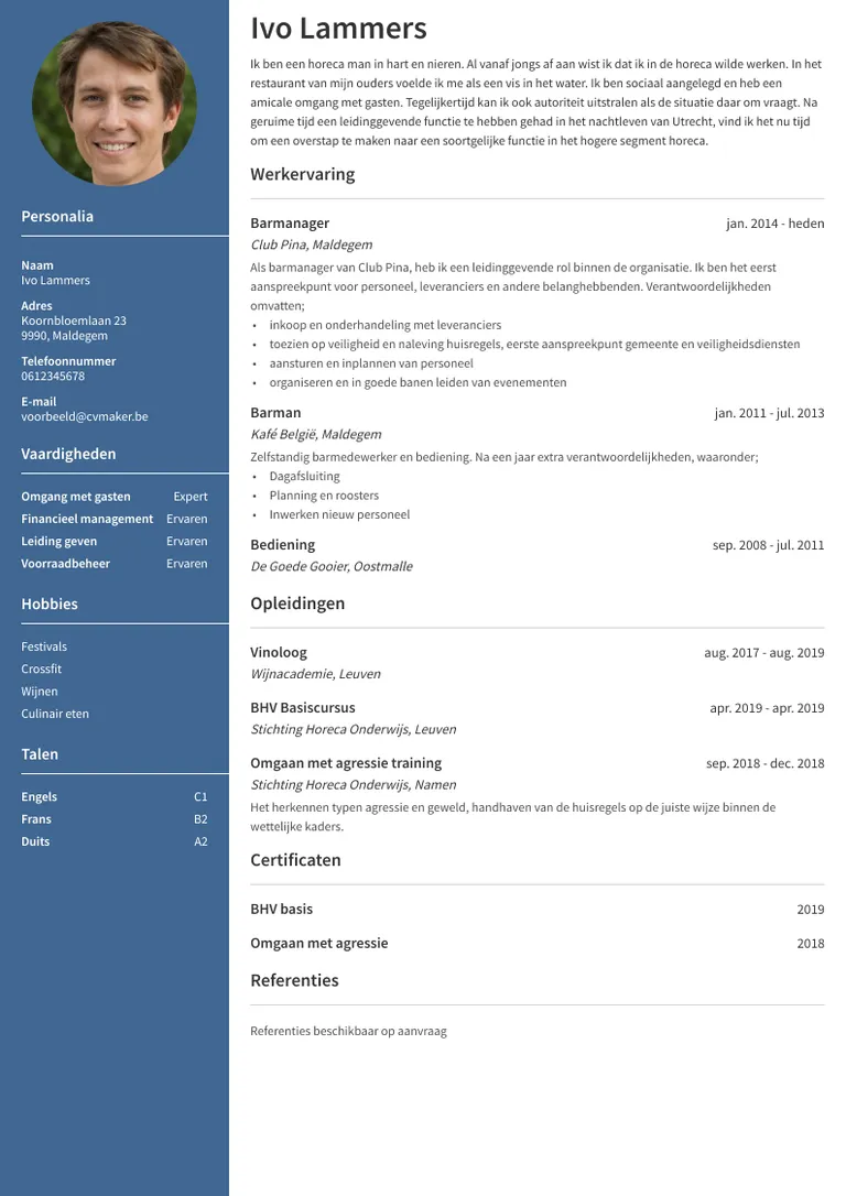 Horeca cv voorbeeld met certificaten