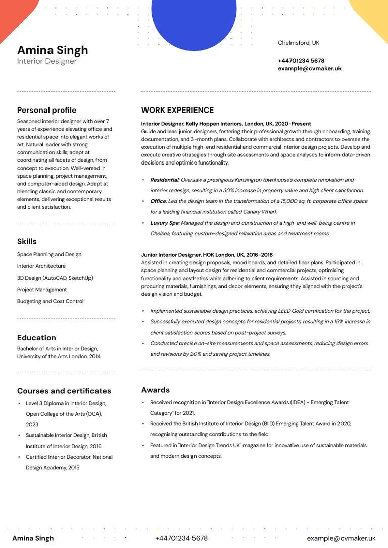 Interior designer CV example