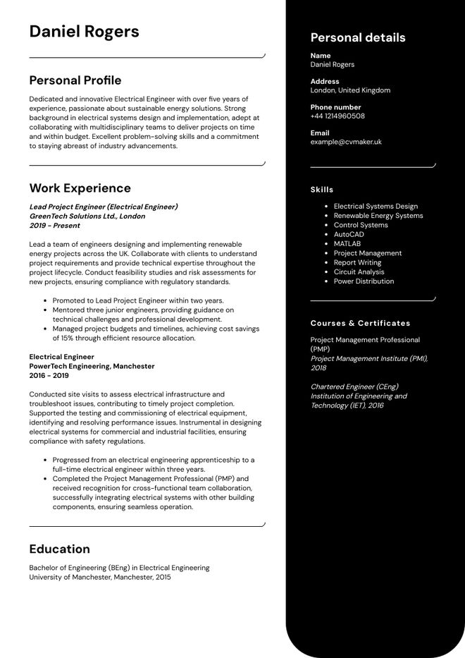 Electrical Engineer CV sample