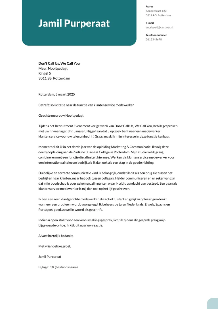 Voorbeeld sollicitatiebrief als je een contactpersoon hebt gesproken