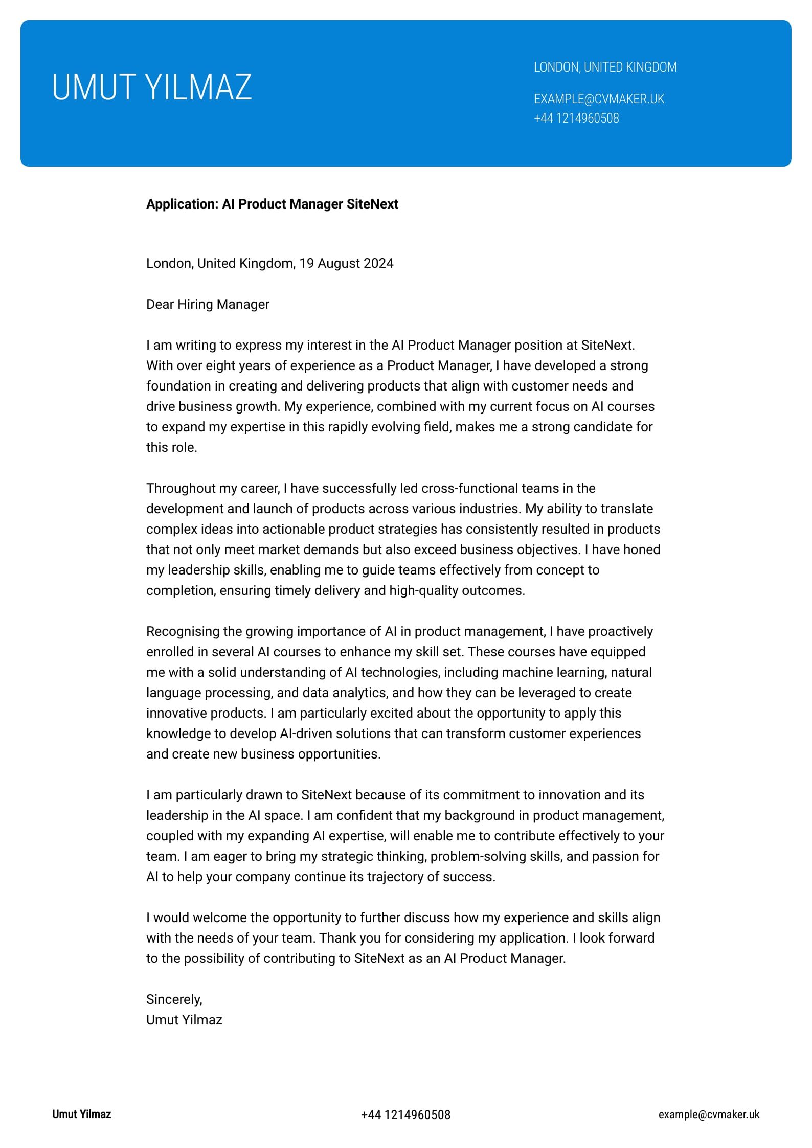 Product Manager Cover Letter