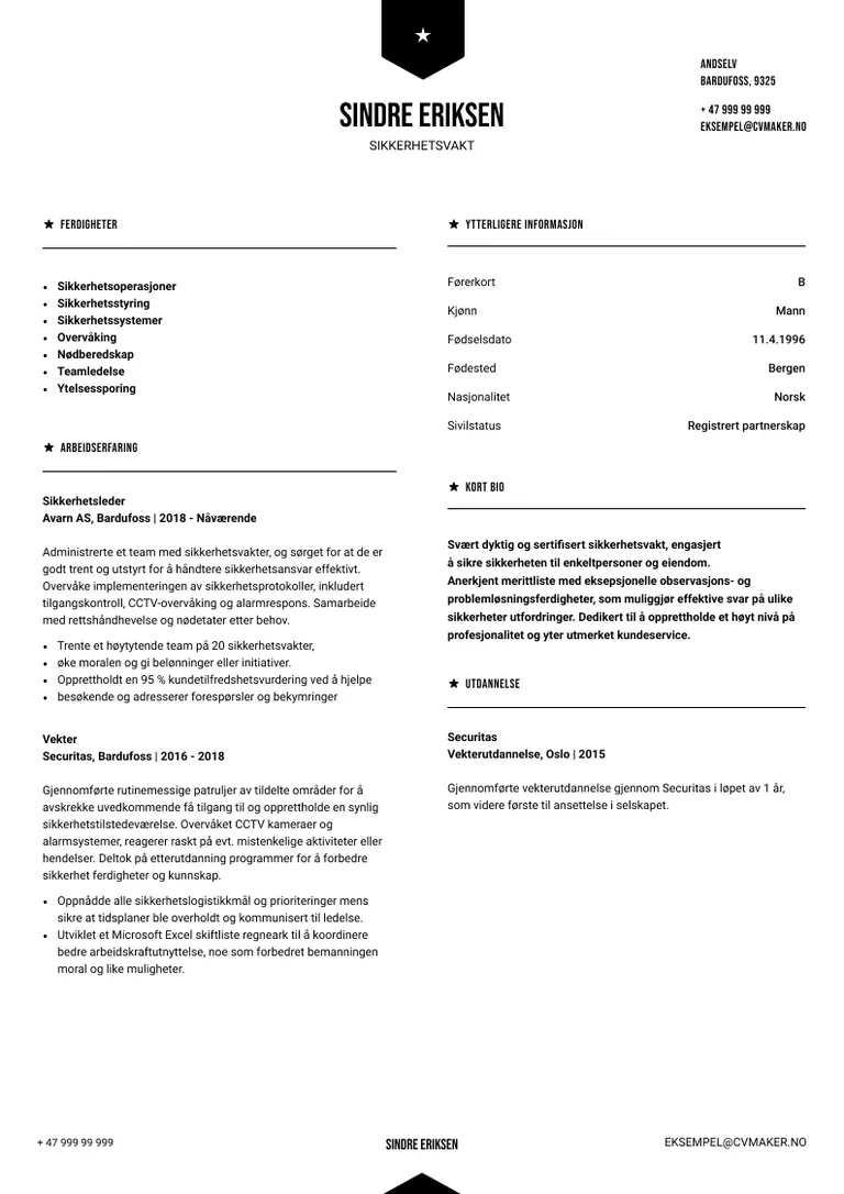 Sikkerhetsvakt CV Eksempel