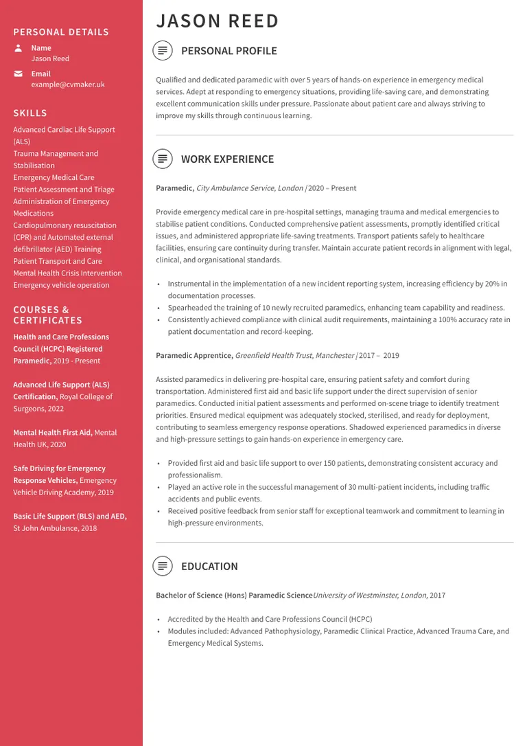 Paramedic CV sample