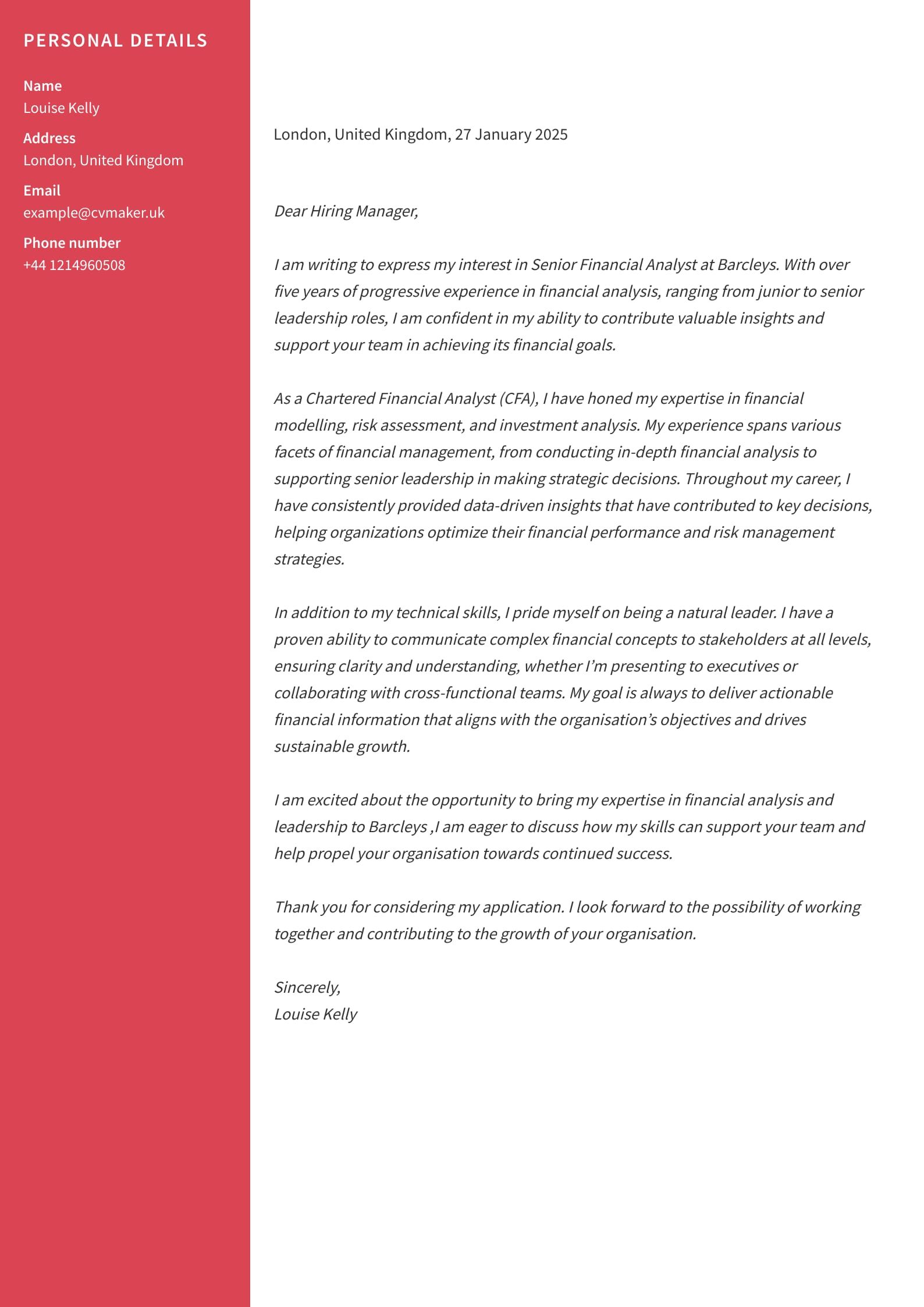 Financial Analyst Cover Letter