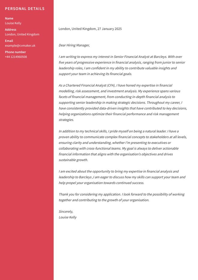 Financial Analyst cover letter sample