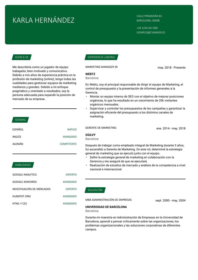 ejemplo de CV para gerente de marketing
