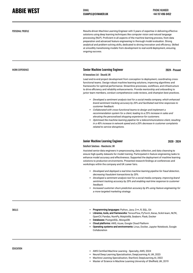 Machine learning engineer CV sample