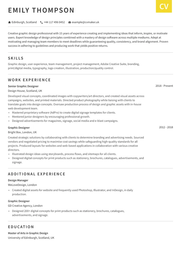 Yellow designer CV example